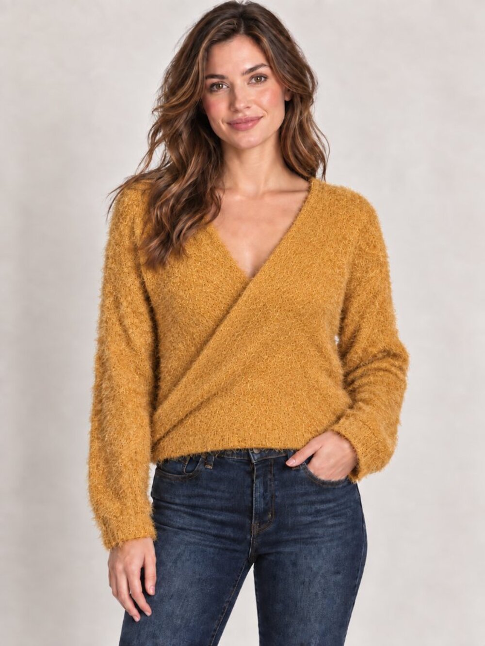 Generation Women’s M Mustard Fuzzy Surplice Wrap Sweater Flaw qm